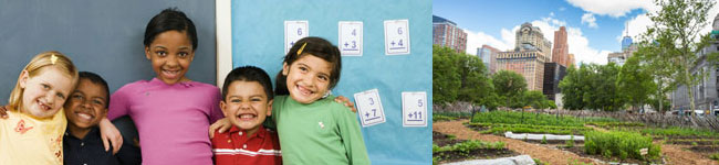smiling school kids and a city garden