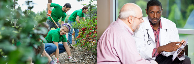 smiling people gardening and man getting a medical checkup